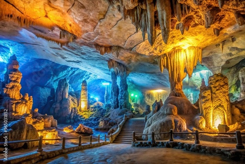 Sung Sot Cave is a magnificent limestone grotto located in Ha Long Bay Vietnam The photo depicts the stunning interior of the cave with its unique rock formations and beautiful lighting
