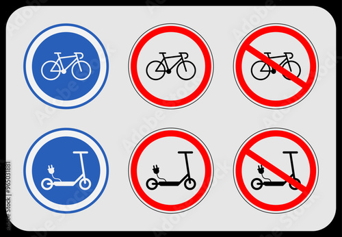 Bicycle and scooter forbidden and allowed safety road street signs. Editable vector icon set.