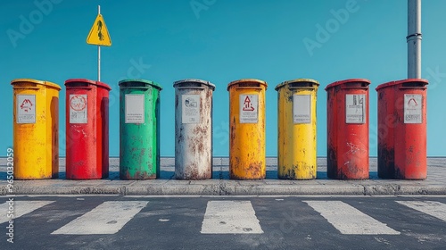 Wallpaper Mural Community recycling bins, labeled for different materials, street corner, bright midday sun Torontodigital.ca
