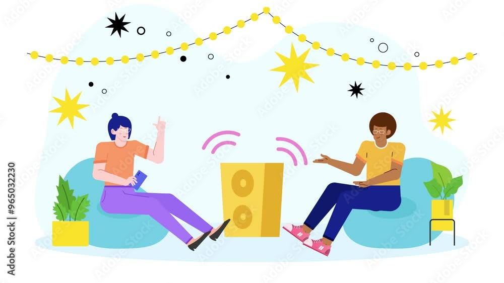 two happy friends enjoying a fun moment with music illustration business animated video two happy friends enjoying a fun moment with music illustration business animated video