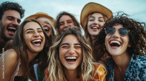 Group of friends laughing and having fun outdoors together, A joyful image that is popular in lifestyle, travel and entertainment.
