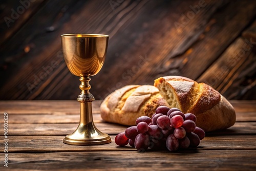 sacred, faith, Christian symbolism, communion table, communion bread, communion wine, A close up view of the Sacrament of Holy Communion placed on a dark wooden table photo