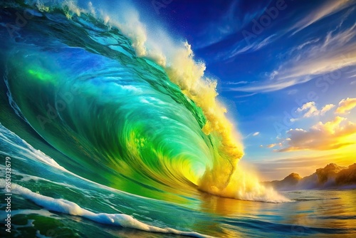 Fototapeta Naklejka Na Ścianę i Meble -  ocean, splash, art, vibrant, refreshing, sea, contemporary, blue, nature, A vibrant panoramic painting depicting a dynamic yellow and green wave crashing against a vivid blue background