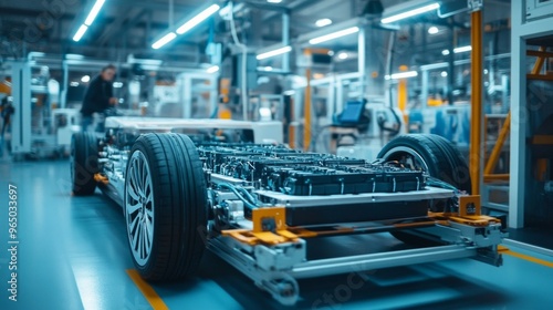 A high-tech battery factory with automated machinery producing electric car batteries. Workers in safety gear oversee the production line in a modern, well-lit industrial setting.