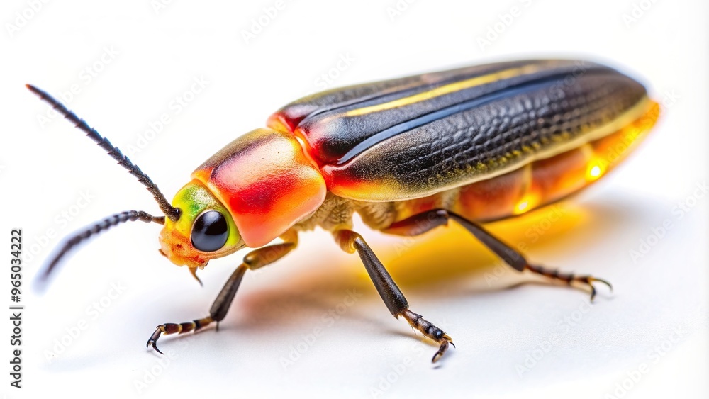 A detailed description for the stock photo A minimalist image of a Firefly Pyrocoelia praetexta a species of firefly known for its vibrant colors captured on a white background, bright. A detailed description for the stock photo A minimalist image of a Firefly Pyrocoelia praetexta a species of firefly known for its vibrant colors captured on a white background, bright.
