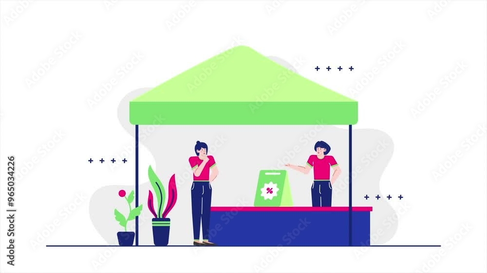 two individuals at a market stall with decorative plants and a promotional display illustration business animated video two individuals at a market stall with decorative plants and a promotional display illustration business animated video