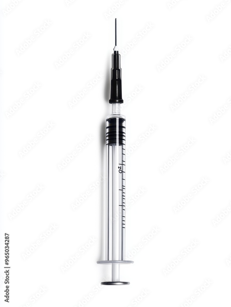 A syringe with a black needle and a white label A syringe with a black needle and a white label