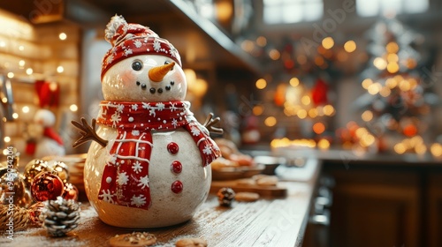 Festive cookie jar, shaped like a snowman, placed on a kitchen counter, warm glow