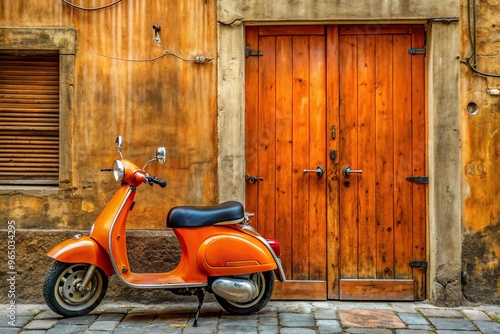 A vibrant orange scooter parked neatly outside a rustic wooden door, outside, door, city, retro, convenience, wooden, mobility, orange scooter, scooter, rustic, vintage, orange, parking