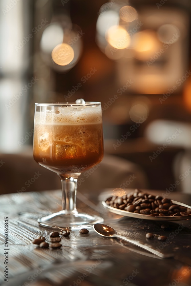 A chic coffee shop setting with a trendy nitro cold brew coffee in a sleek glass, with condensation on the outside, accompanied by a small dish of coffee beans and a spoon A chic coffee shop setting with a trendy nitro cold brew coffee in a sleek glass, with condensation on the outside, accompanied by a small dish of coffee beans and a spoon