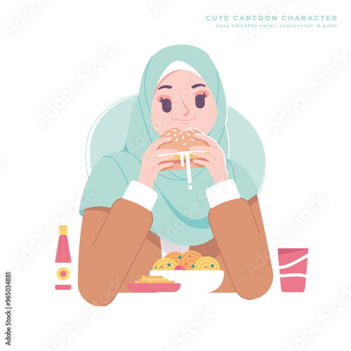 muslim girl character eating junkfood illustration