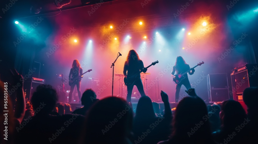 Live Music Performance, High resolution image of a rock band performing on stage, with vibrant stage lights, a cheering crowd, and an electric atmosphere Live Music Performance, High resolution image of a rock band performing on stage, with vibrant stage lights, a cheering crowd, and an electric atmosphere