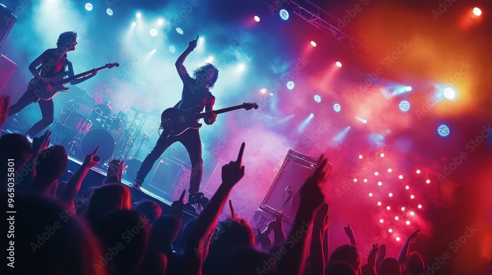 custom made wallpaper toronto digitalLive Music Performance, High resolution image of a rock band performing on stage, with vibrant stage lights, a cheering crowd, and an electric atmosphere