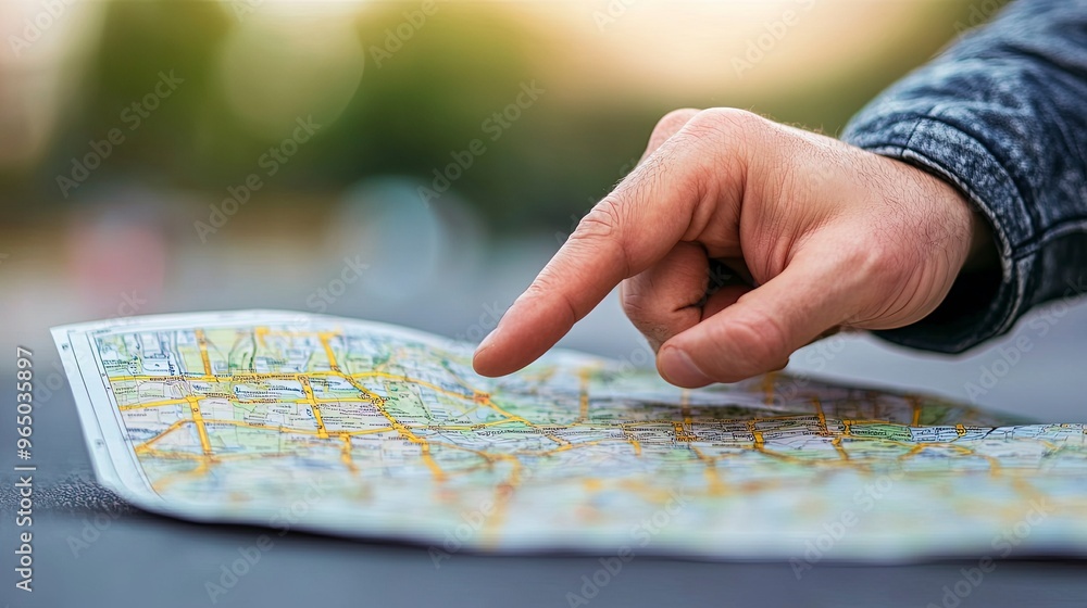 Hand of a businessman, pointing at a map, close-up, blurred office background Hand of a businessman, pointing at a map, close-up, blurred office background