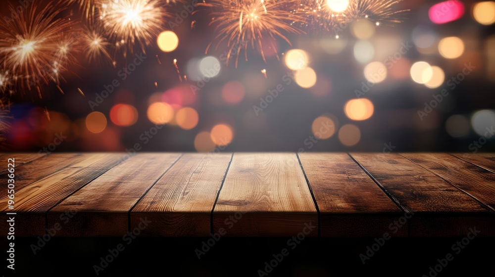 Wooden table top with fireworks background Wooden table top with fireworks background