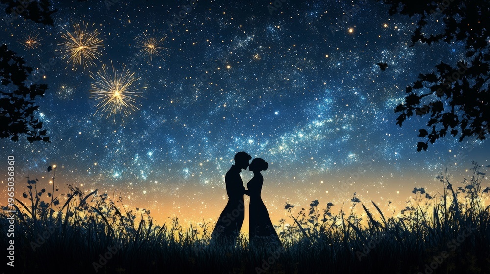 Fototapeta premium Midnight kiss, with fireworks in the background, silhouetted against the night sky