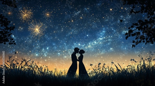 Midnight kiss, with fireworks in the background, silhouetted against the night sky