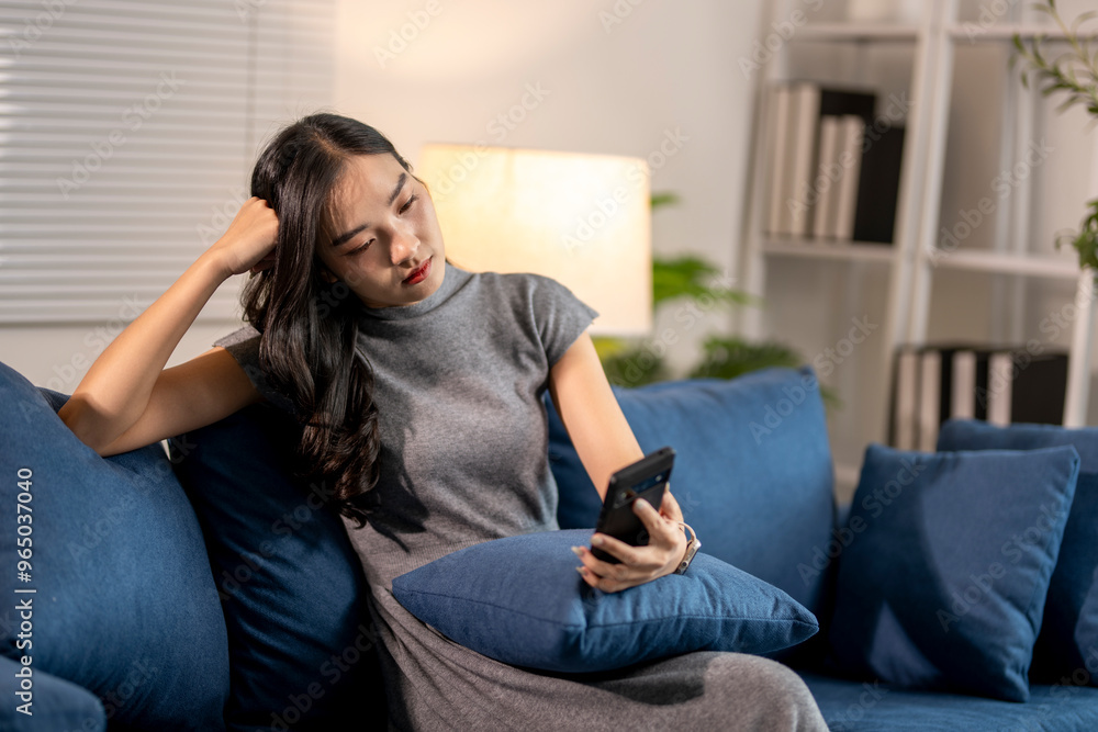 Young woman feeling sad while using smartphone at home on sofa Young woman feeling sad while using smartphone at home on sofa