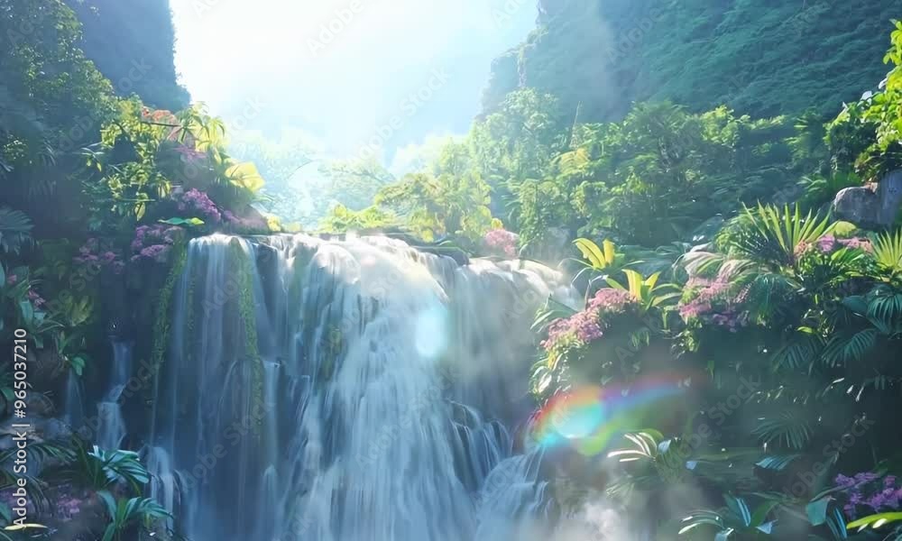 A realistic image of a cascading waterfall surrounded by lush greenery, its mist creating a rainbow in the sunlight. Video A realistic image of a cascading waterfall surrounded by lush greenery, its mist creating a rainbow in the sunlight. Video