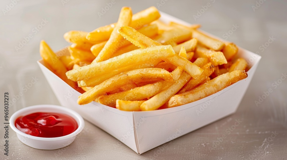 Tasty golden French fries served in a white carton with a small cup of ketchup on the side, perfect for a snack or side dish. Tasty golden French fries served in a white carton with a small cup of ketchup on the side, perfect for a snack or side dish.