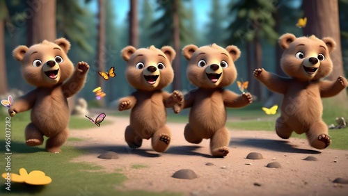 A group of small, adorable bear cubs running around the campsite, chasing butterflies and playing tag, full of energy and giggles.