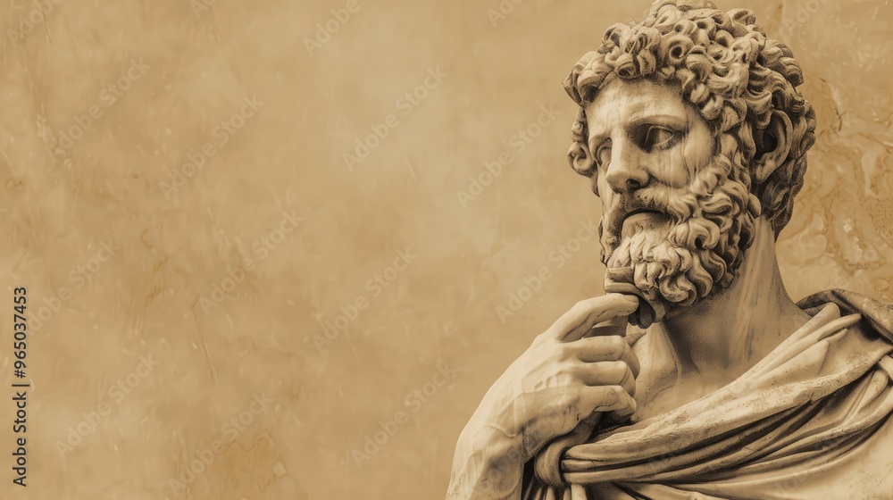 Fototapeta premium Statue of Asclepius Roman artwork 2nd century AD Sepia banner plain background Space for text close up view Depicting medicine god historical and artistic theme