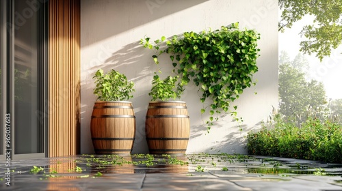 Rainwater collection barrels, set up outside a building, surrounded by greenery, sunny day