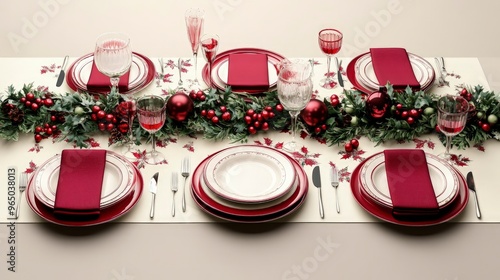 Wallpaper Mural Red and white table runner, with holly design, set for a holiday meal, dim room light Torontodigital.ca