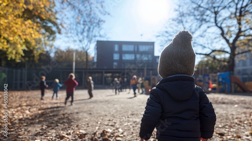 Children play in a schoolyard on a sunny autumn day, with leaves scattered and trees transitioning to fall colors.