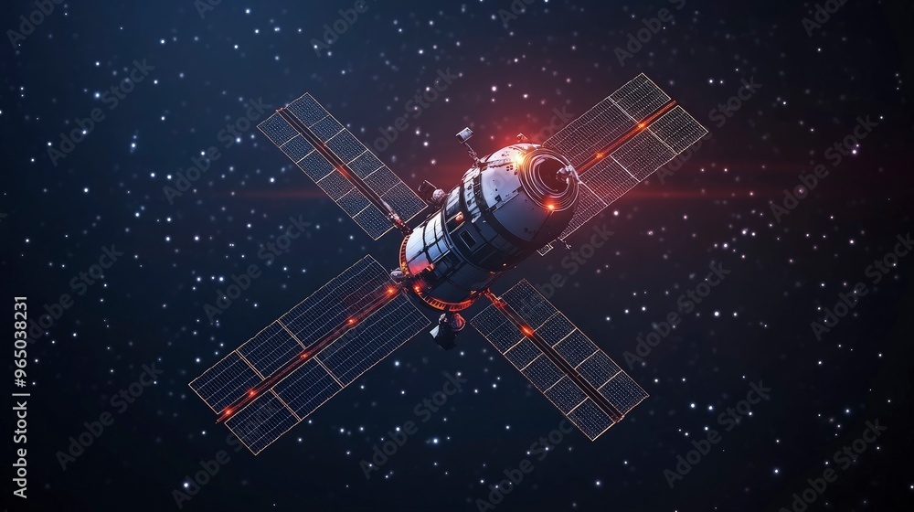 Robotic arm, attached to a space station, working on a satellite, background of stars Robotic arm, attached to a space station, working on a satellite, background of stars