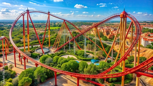 A thrilling view of the Red Force attraction at Portaventura World from a high angle showcasing the towering roller coaster and the excitement it offers to adrenaline seekers