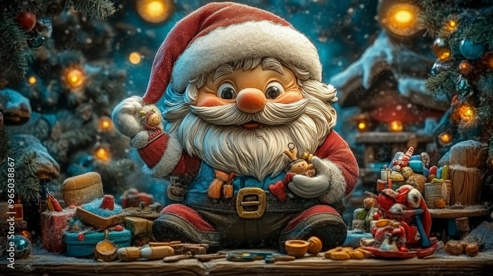 Santa’s workshop figurine, with tiny tools and toys, placed on a shelf, glowing lights Santa’s workshop figurine, with tiny tools and toys, placed on a shelf, glowing lights