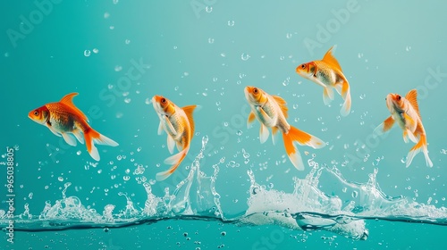 Five goldfish jump out of the water, creating splashes. photo