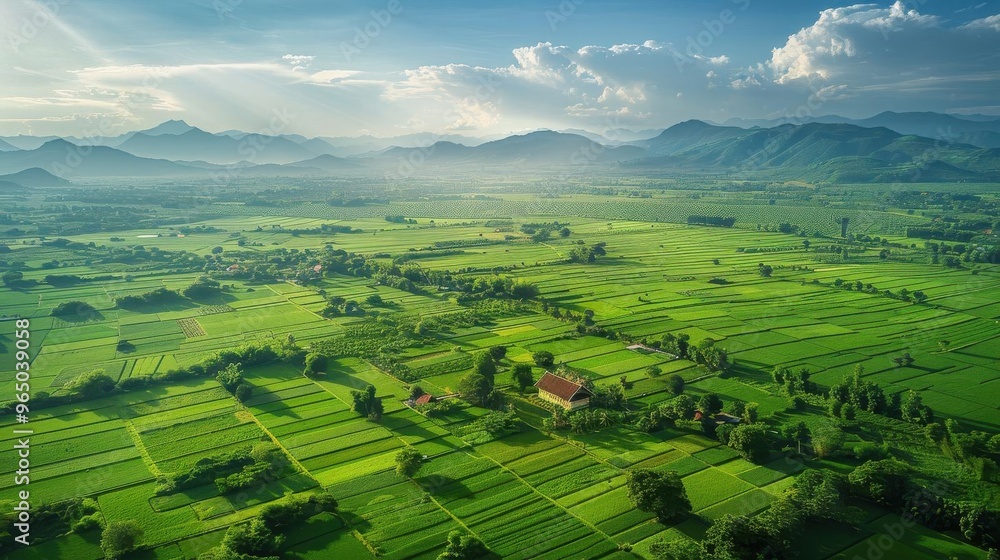 Obraz premium A breathtaking aerial view of lush green fields and mountains under a clear blue sky, showcasing the beauty of rural landscapes.