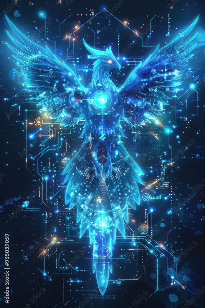 A blue bird with a glowing body and wings A blue bird with a glowing body and wings