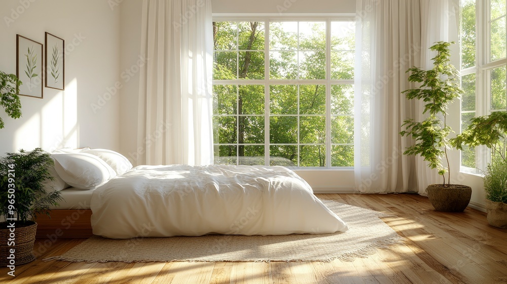 Sleek bedroom, with a low bed, neutral bedding, and a large window, morning sunlight Sleek bedroom, with a low bed, neutral bedding, and a large window, morning sunlight