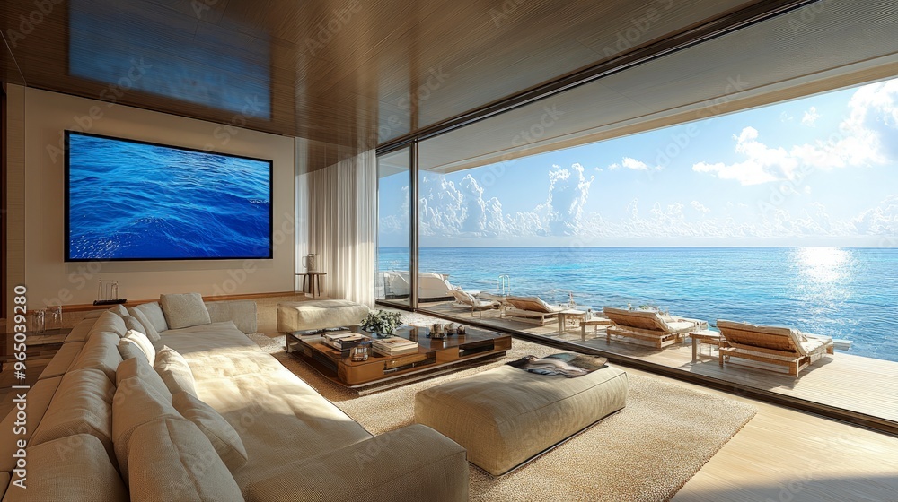 Fototapeta premium Sleek living room, with a sectional sofa, coffee table, and a large TV, bright natural light