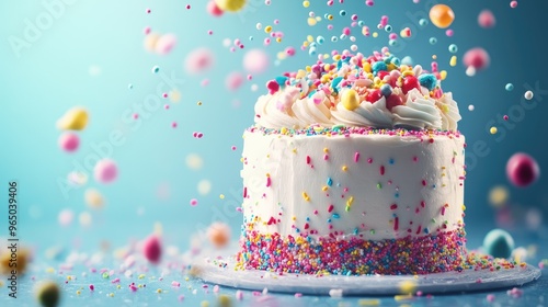 A cake with colorful sprinkles falling, with cream and toppings scattering around. Focus point, no logo, no people.