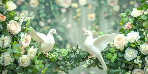 Outdoor wedding decorations featuring white doves and patterned flowers. photo