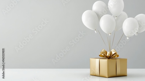 A minimalist Happy Birthday template with a single gold gift box and floating white balloons on a simple background. Focus point, no logo, no people.