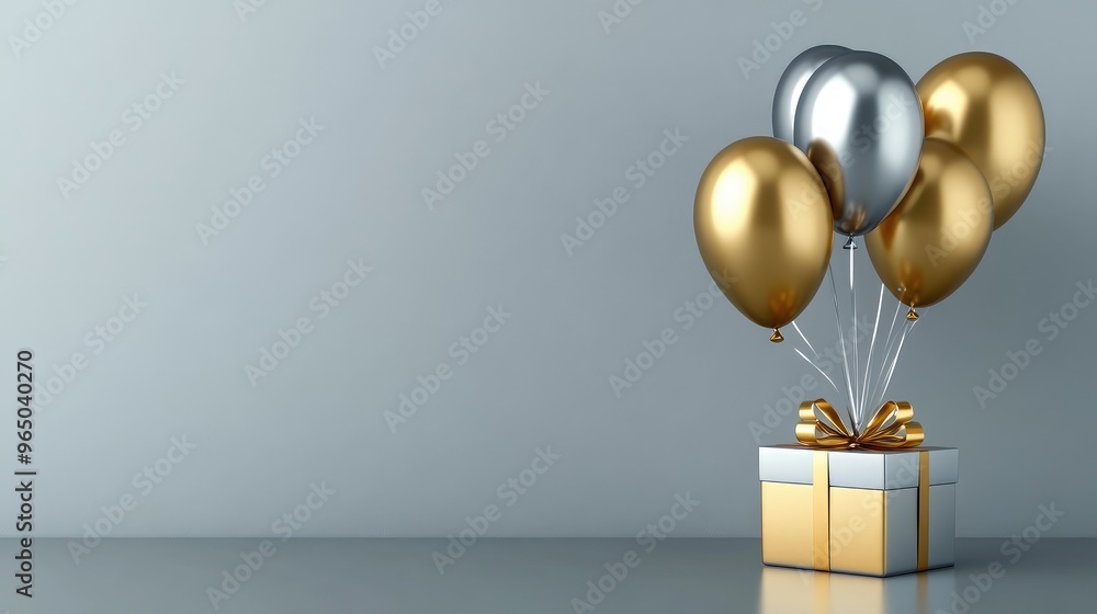 Birthday template with gold and silver balloons and a neatly wrapped gift box, placed on a minimal background. Focus point, no logo, no people. Birthday template with gold and silver balloons and a neatly wrapped gift box, placed on a minimal background. Focus point, no logo, no people.