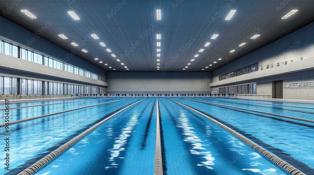 Swimming pool, Olympic size, with lanes and diving boards, water reflecting ceiling lights Swimming pool, Olympic size, with lanes and diving boards, water reflecting ceiling lights