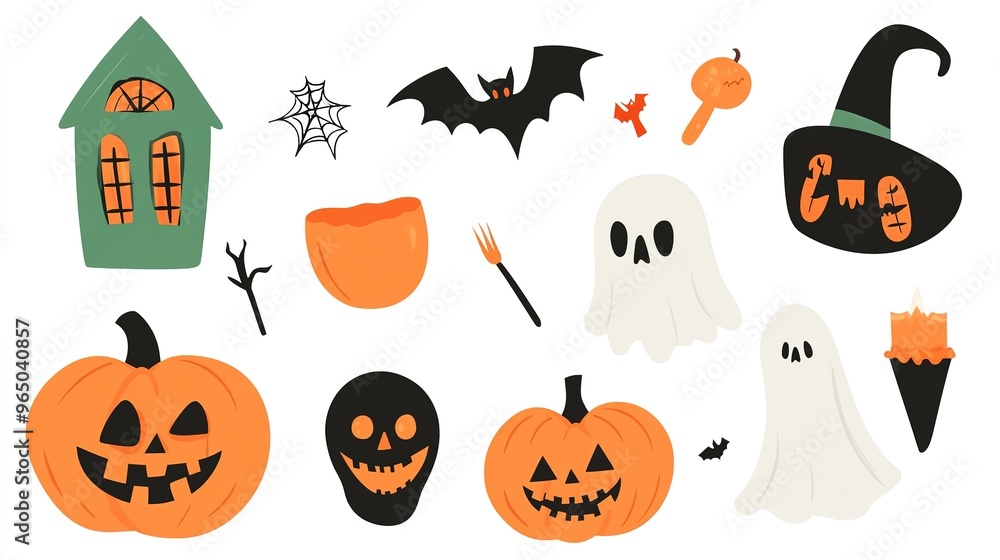 Flat Halloween element collection on a white background, featuring a variety of festive icons such as pumpkins, ghosts, bats, witches, and candy. Flat Halloween element collection on a white background, featuring a variety of festive icons such as pumpkins, ghosts, bats, witches, and candy.