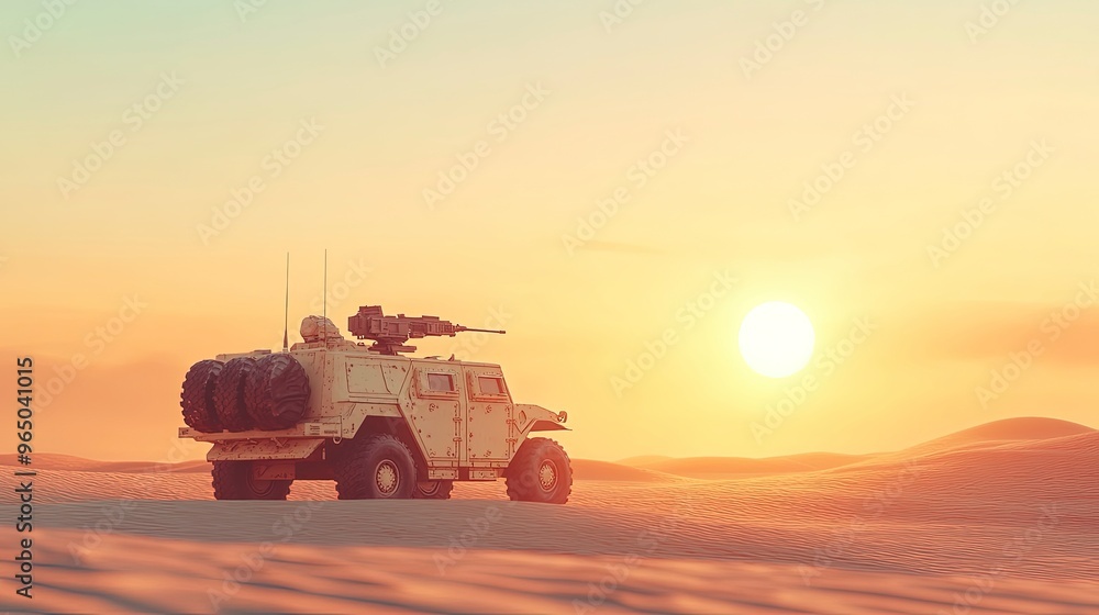 Fototapeta premium Unmanned combat vehicle, with mounted weapons, maneuvering through a desert, hot midday sun