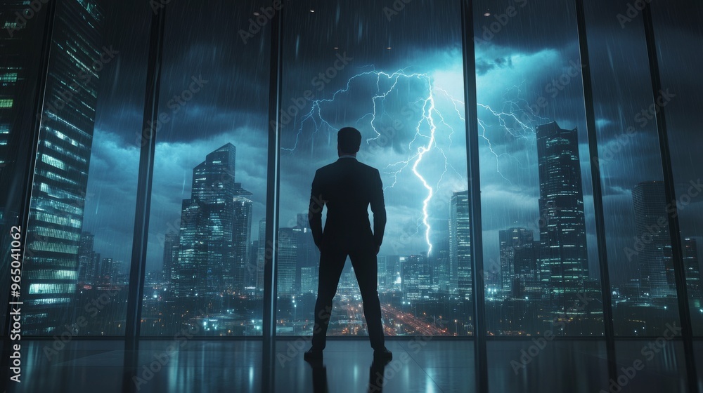 A silhouetted man stands in front of a large window, looking out at a stormy cityscape illuminated by lightning. A silhouetted man stands in front of a large window, looking out at a stormy cityscape illuminated by lightning.