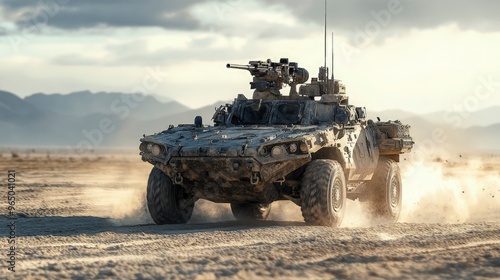 Unmanned combat vehicle, with mounted weapons, maneuvering through a desert, hot midday sun