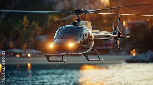 Unmanned helicopter, equipped with searchlights, hovering over a coastal area, evening light photo