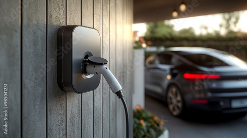 Electric vehicle charging at home, modern ev charger on wall