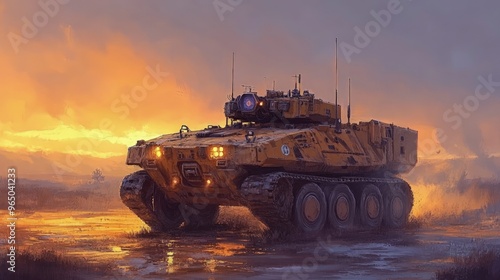 Unmanned reconnaissance vehicle, monitoring a remote area, bright desert sun