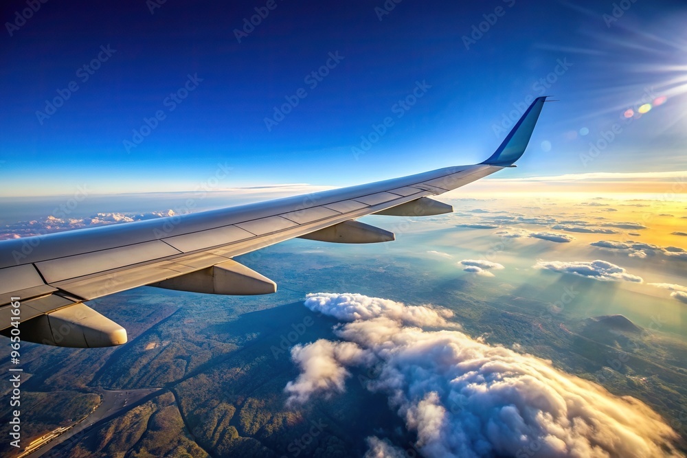 Obraz premium Wing of a commercial airplane flying against a clear blue sky viewed from a bird s eye perspective, aerial view, high altitude, bird's eye view, blue sky, air transportation, plane